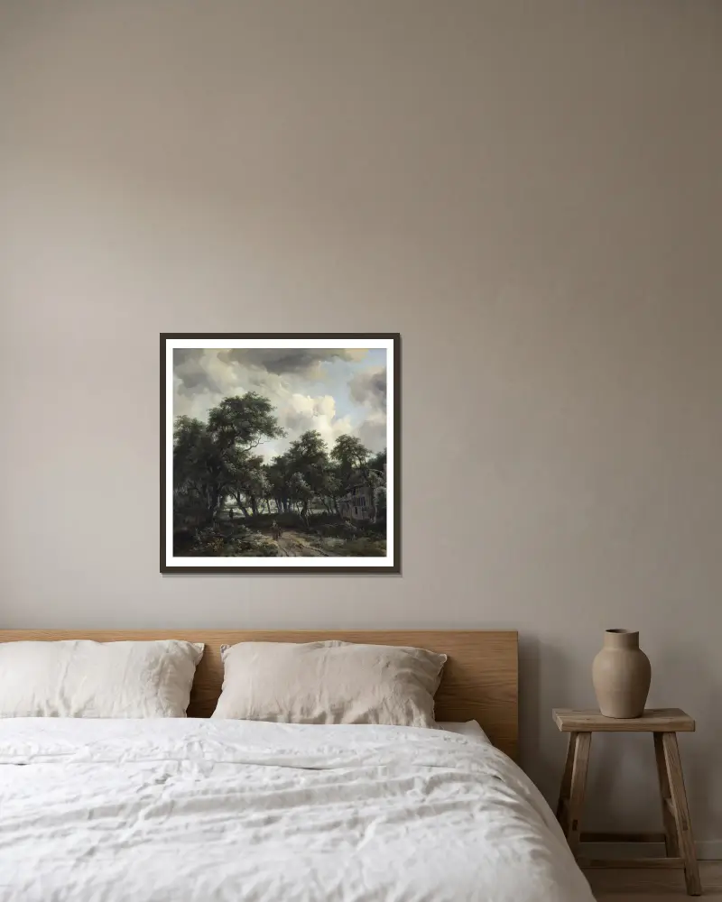 Hütte zwischen Bäumen von Meindert Hobbema gerahmt an einer Wand