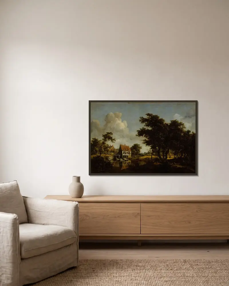 Die Mühlen von Meindert Hobbema gerahmt an einer Wand