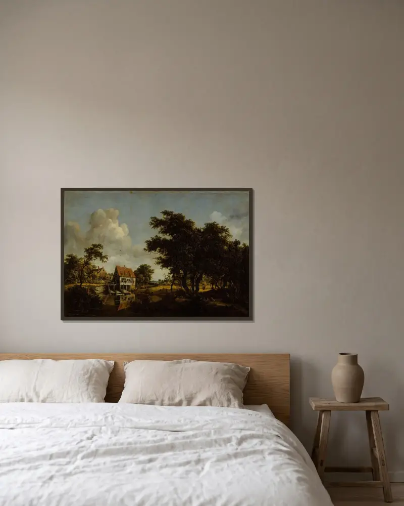 Die Mühlen von Meindert Hobbema gerahmt an einer Wand