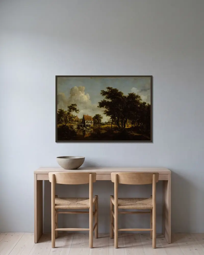 Die Mühlen von Meindert Hobbema gerahmt an einer Wand