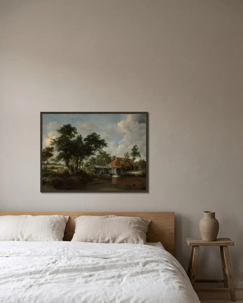 Die Wassermühle mit dem großen roten Dach von Meindert Hobbema gerahmt an einer Wand