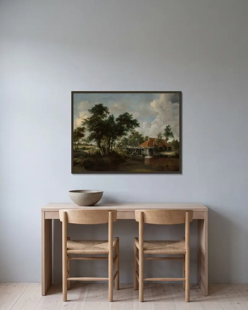 Die Wassermühle mit dem großen roten Dach von Meindert Hobbema gerahmt an einer Wand
