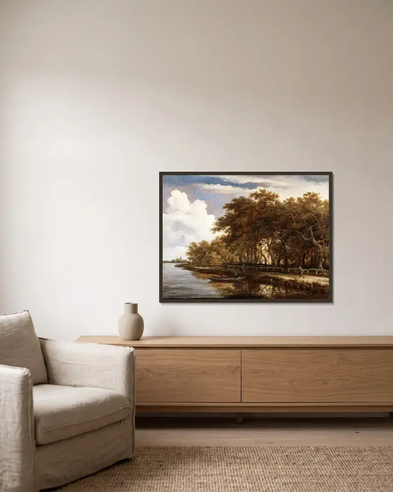Blick entlang der Amstel von Meindert Hobbema gerahmt an einer Wand