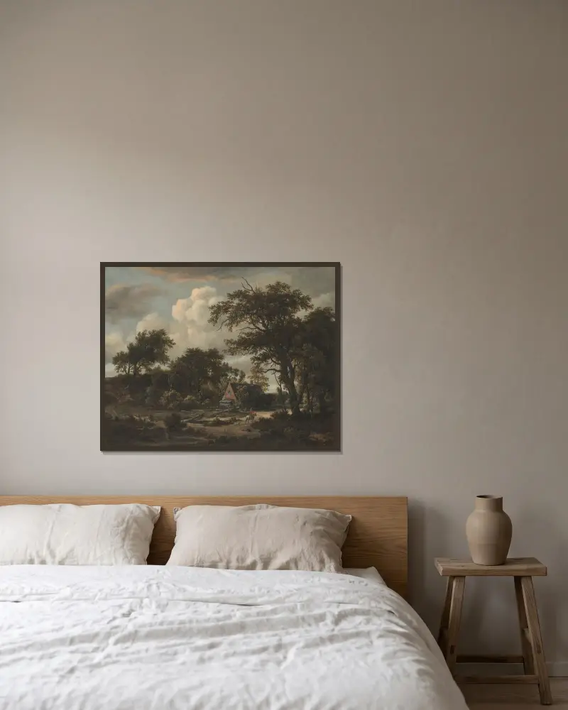 Waldlandschaft mit Hütte und Reiter von Meindert Hobbema gerahmt an einer Wand