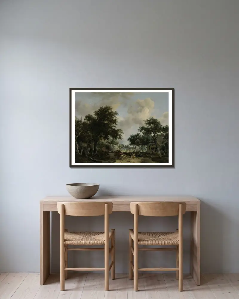 Wooded Landscape with Merrymakers in a Cart av Meindert Hobbema inramad på en vägg