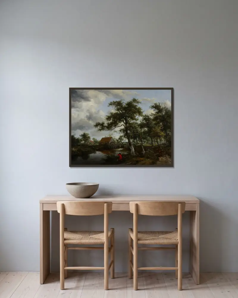 Wooded Landscape with Watermill av Meindert Hobbema inramad på en vägg