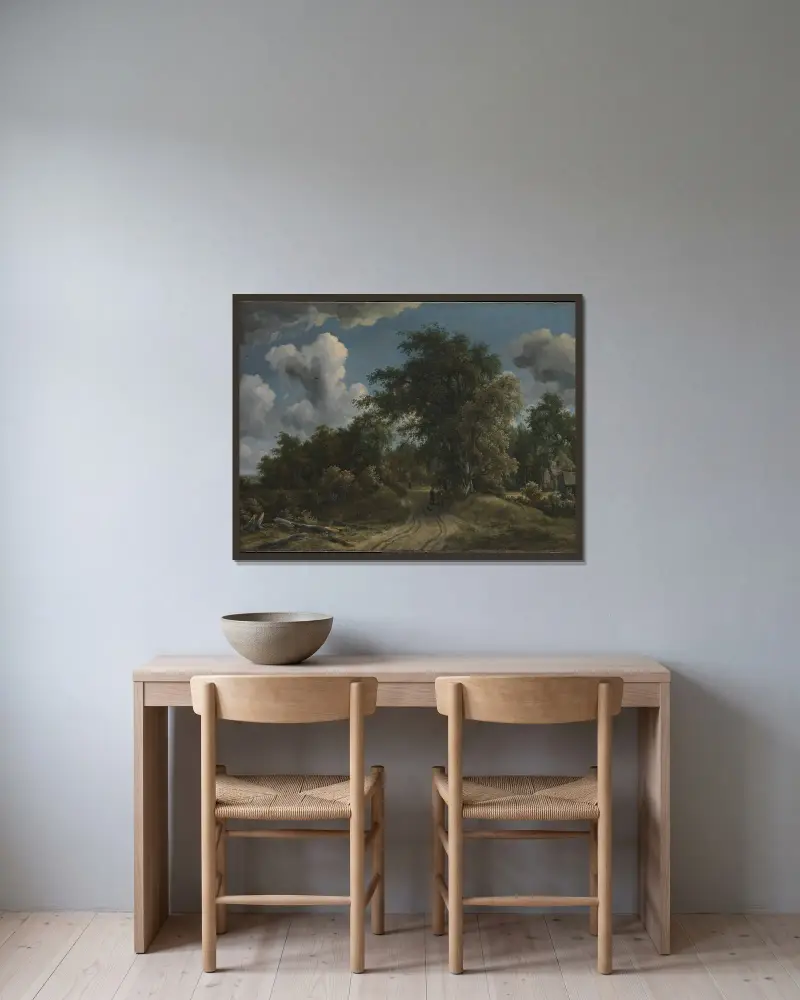 Woodland Road av Meindert Hobbema inramad på en vägg