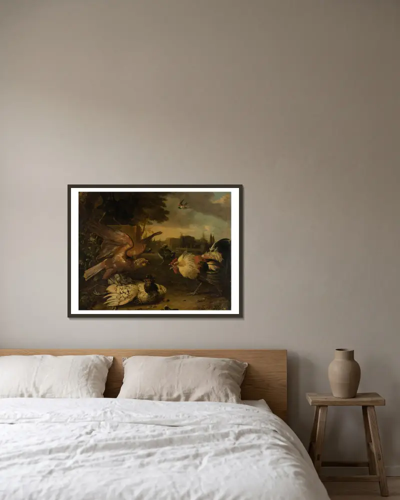 Ein Hahn verteidigt eine Henne gegen einen angreifenden Raubvogel von Melchior d'Hondecoeter gerahmt an einer Wand