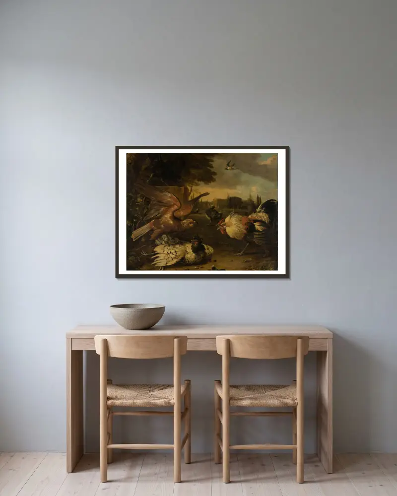 Ein Hahn verteidigt eine Henne gegen einen angreifenden Raubvogel von Melchior d'Hondecoeter gerahmt an einer Wand