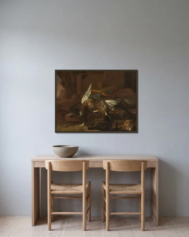 Die Jagdbeute eines Jägers von Melchior d'Hondecoeter gerahmt an einer Wand