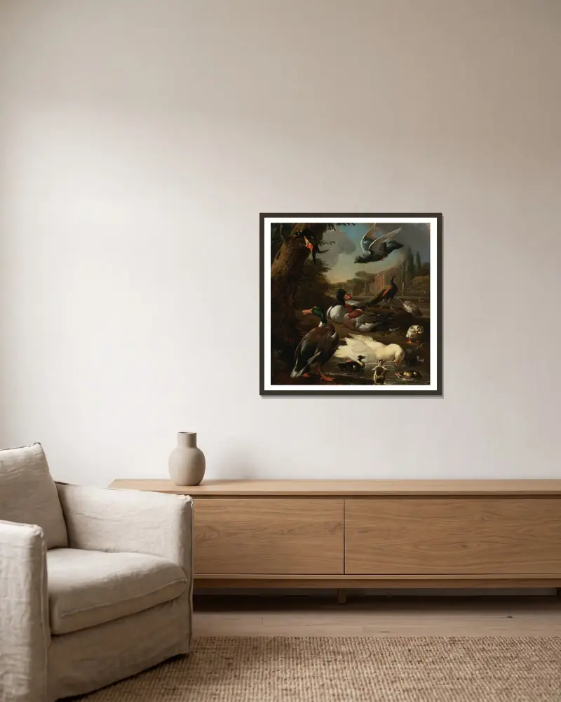 Ein Pfau, eine Taube, Enten und andere Vögel in einer Gartenlandschaft von Melchior d'Hondecoeter gerahmt an einer Wand