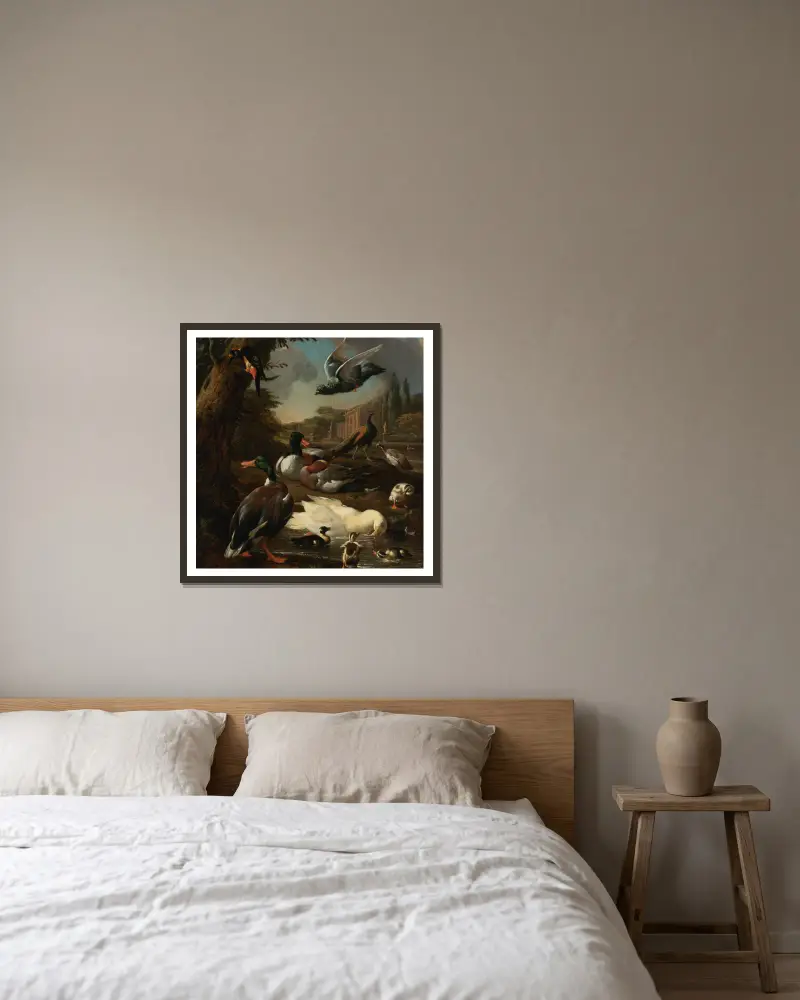Ein Pfau, eine Taube, Enten und andere Vögel in einer Gartenlandschaft von Melchior d'Hondecoeter gerahmt an einer Wand