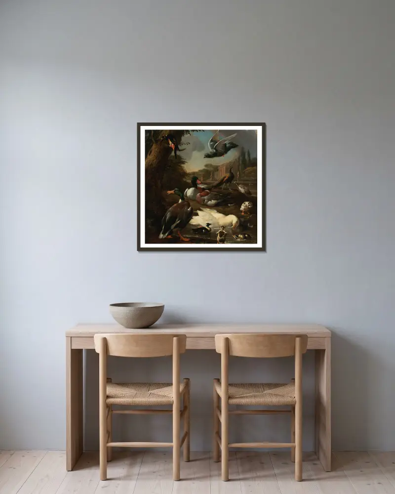 Ein Pfau, eine Taube, Enten und andere Vögel in einer Gartenlandschaft von Melchior d'Hondecoeter gerahmt an einer Wand