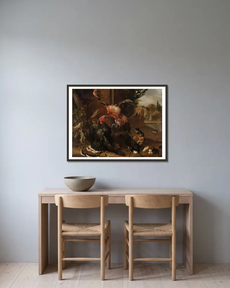 A Rooster and Turkey Fighting av Melchior d'Hondecoeter inramad på en vägg