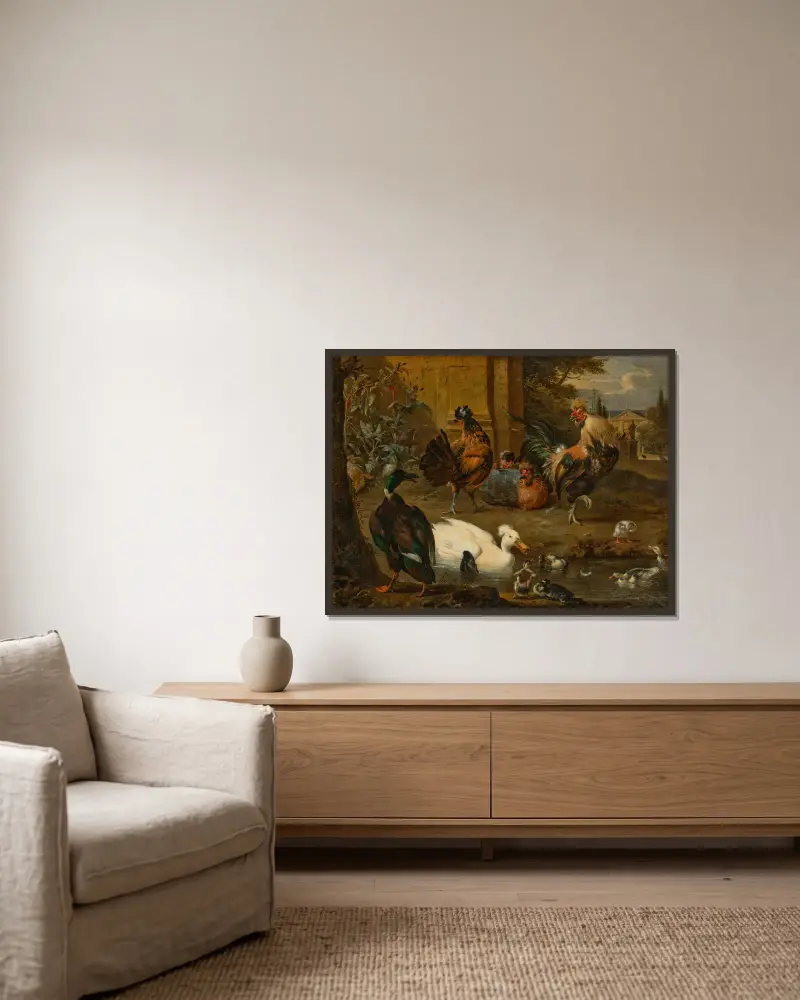 Hahn, Hennen, Enten und Entenküken in einer Landschaft, dahinter ein Haus und Gärten mit Pfauen von Melchior d'Hondecoeter gerahmt an einer Wand