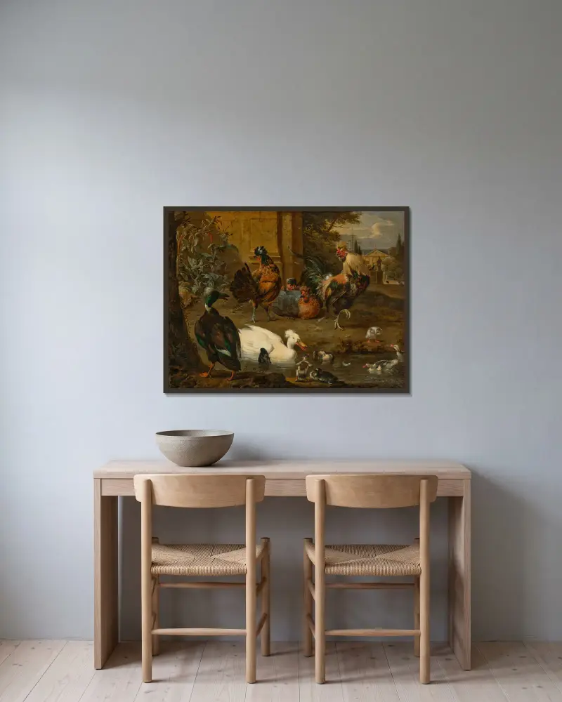Hahn, Hennen, Enten und Entenküken in einer Landschaft, dahinter ein Haus und Gärten mit Pfauen von Melchior d'Hondecoeter gerahmt an einer Wand