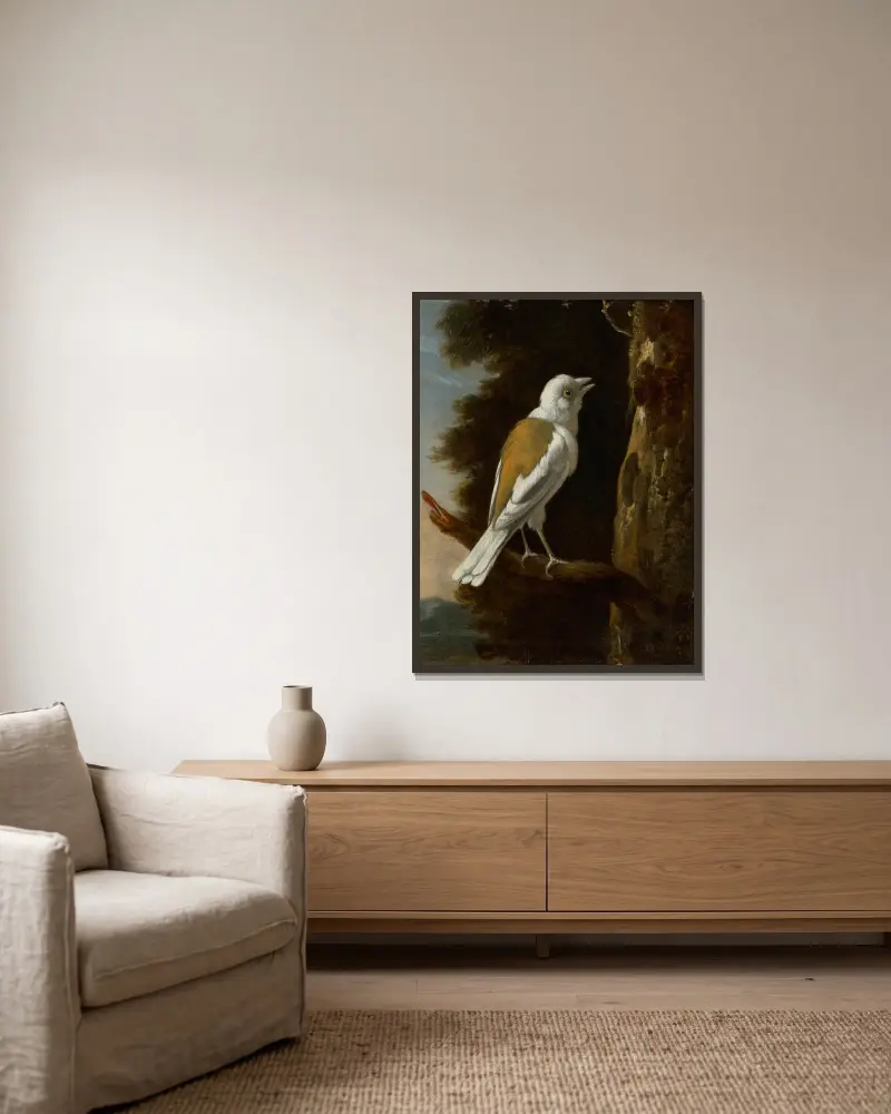 A study of a helmetshrike on a branch av Melchior d'Hondecoeter inramad på en vägg