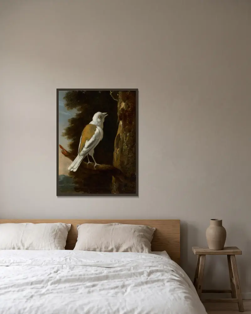 A study of a helmetshrike on a branch av Melchior d'Hondecoeter inramad på en vägg