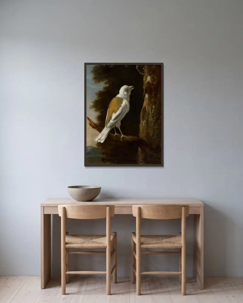 A study of a helmetshrike on a branch av Melchior d'Hondecoeter inramad på en vägg