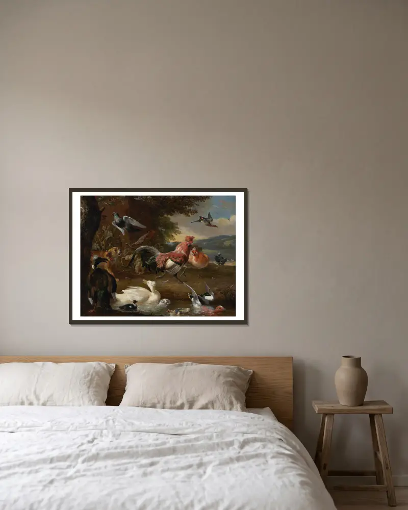 Hühner und Enten von Melchior d'Hondecoeter gerahmt an einer Wand