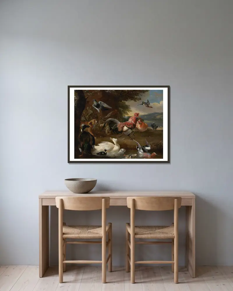 Hühner und Enten von Melchior d'Hondecoeter gerahmt an einer Wand