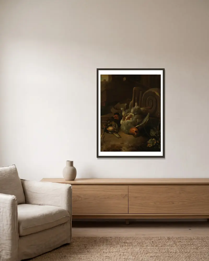 Tote Vögel von Melchior d'Hondecoeter gerahmt an einer Wand