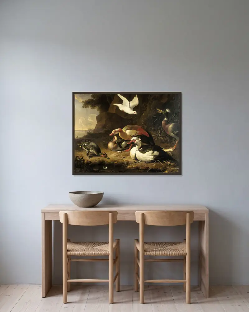 Enten von Melchior d'Hondecoeter gerahmt an einer Wand
