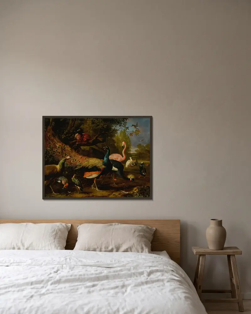 Exotic fowl, including a peacock and peahen, flamingo, African crane, pheasant, and lapwing, shoveller, pelican and tufted duck av Melchior d'Hondecoeter inramad på en vägg