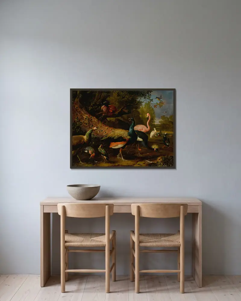 Exotic fowl, including a peacock and peahen, flamingo, African crane, pheasant, and lapwing, shoveller, pelican and tufted duck av Melchior d'Hondecoeter inramad på en vägg