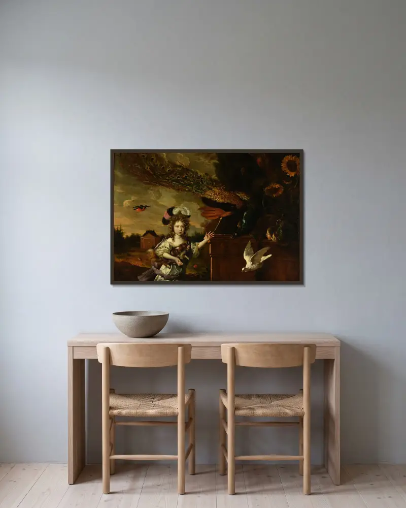 Fillette aux paons av Melchior d'Hondecoeter inramad på en vägg