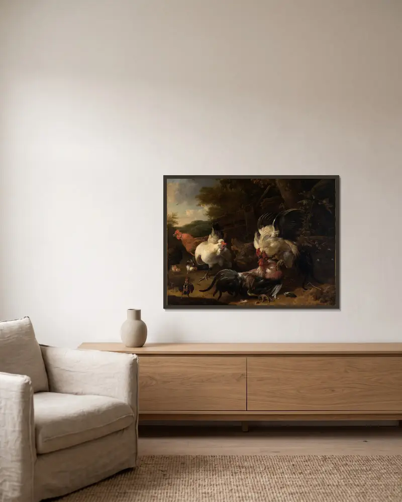 Kämpfende Hähne von Melchior d'Hondecoeter gerahmt an einer Wand