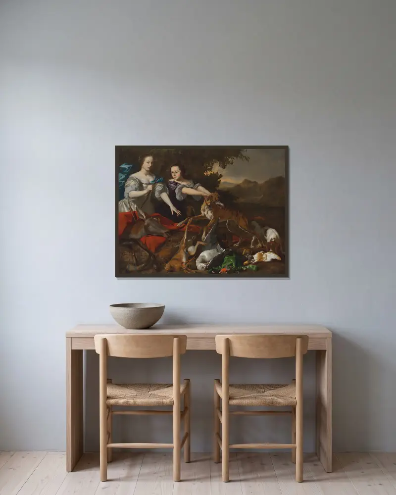 Porträt einer Dame als Göttin Diana mit ihrer Begleiterin und der Jagdbeute von Melchior d'Hondecoeter gerahmt an einer Wand