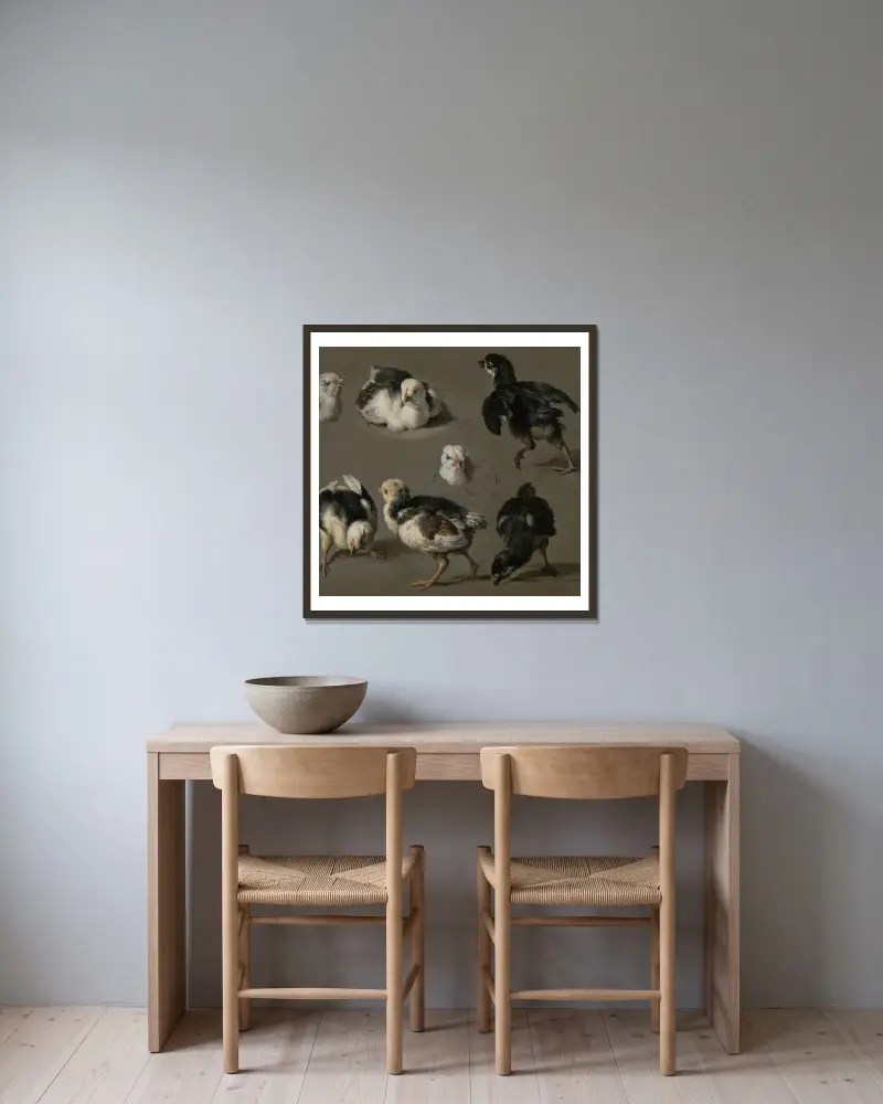 Sieben Küken von Melchior d'Hondecoeter gerahmt an einer Wand