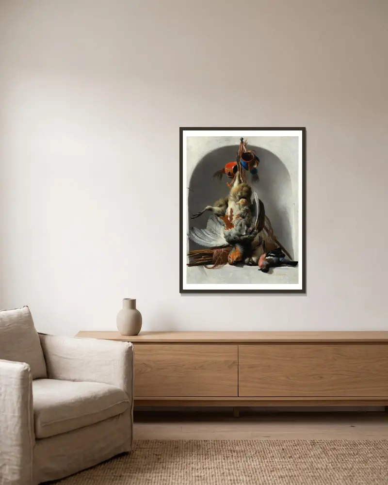 Still Life with Birds and Hunting Gear in a Niche av Melchior d'Hondecoeter inramad på en vägg