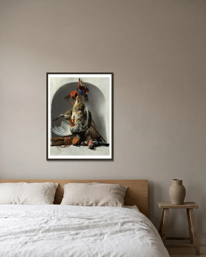 Still Life with Birds and Hunting Gear in a Niche av Melchior d'Hondecoeter inramad på en vägg