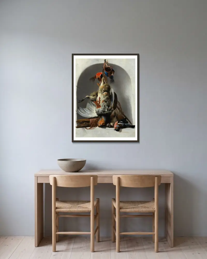 Still Life with Birds and Hunting Gear in a Niche av Melchior d'Hondecoeter inramad på en vägg