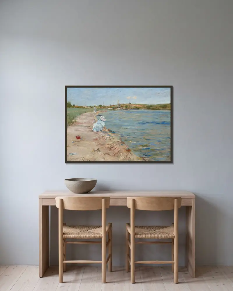 Strandscen (Morgon vid Canoe Place) av William Merritt Chase inramad på en vägg