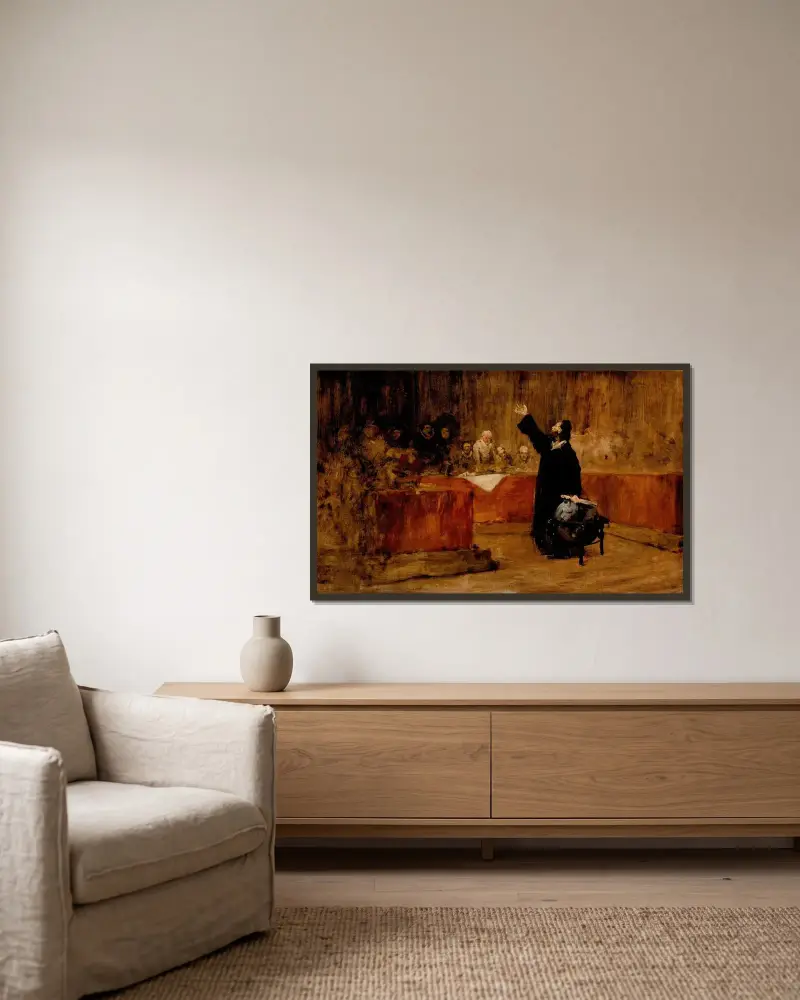 Christofer Columbus inför rådet i Salamanca av William Merritt Chase inramad på en vägg