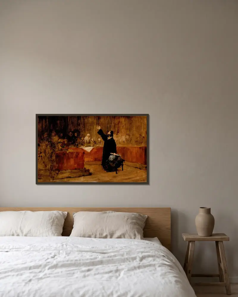 Christofer Columbus inför rådet i Salamanca av William Merritt Chase inramad på en vägg