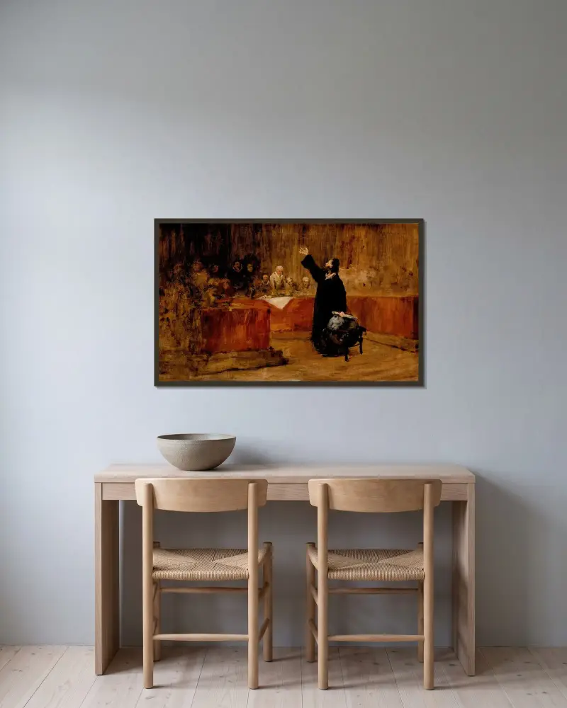 Christofer Columbus inför rådet i Salamanca av William Merritt Chase inramad på en vägg
