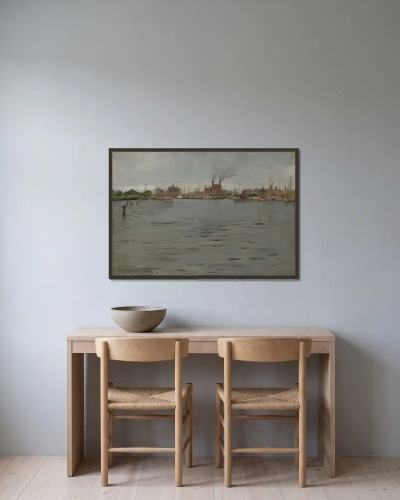 Hafenszene, Brooklyner Docks von William Merritt Chase gerahmt an einer Wand