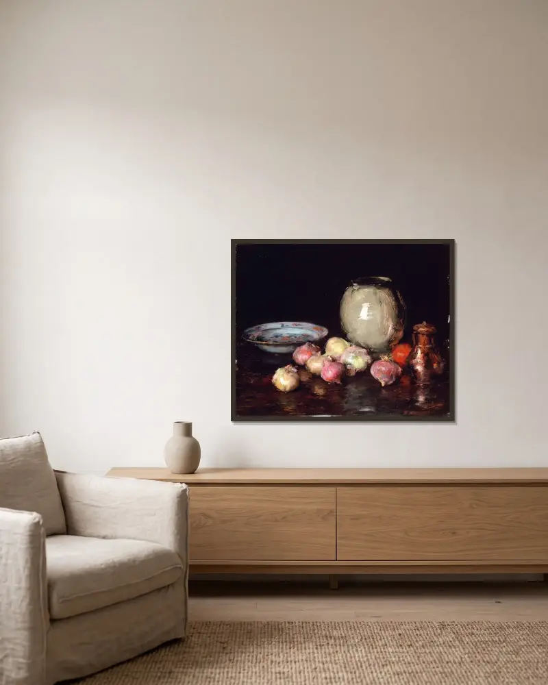Nur Zwiebeln von William Merritt Chase gerahmt an einer Wand