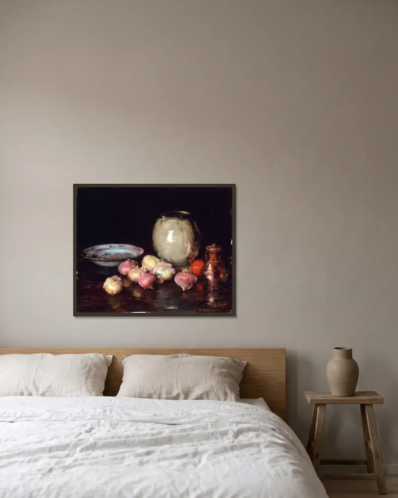 Nur Zwiebeln von William Merritt Chase gerahmt an einer Wand