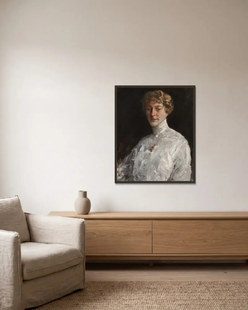 Dame in weißer Bluse von William Merritt Chase gerahmt an einer Wand