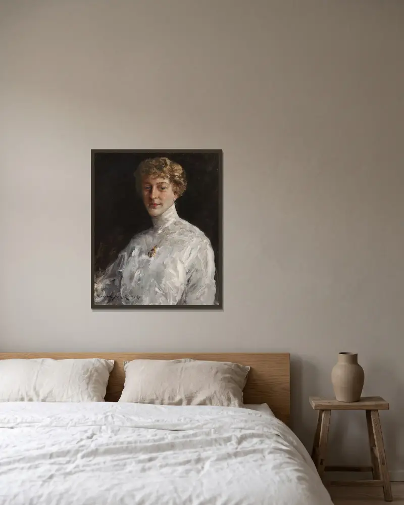 Dame in weißer Bluse von William Merritt Chase gerahmt an einer Wand