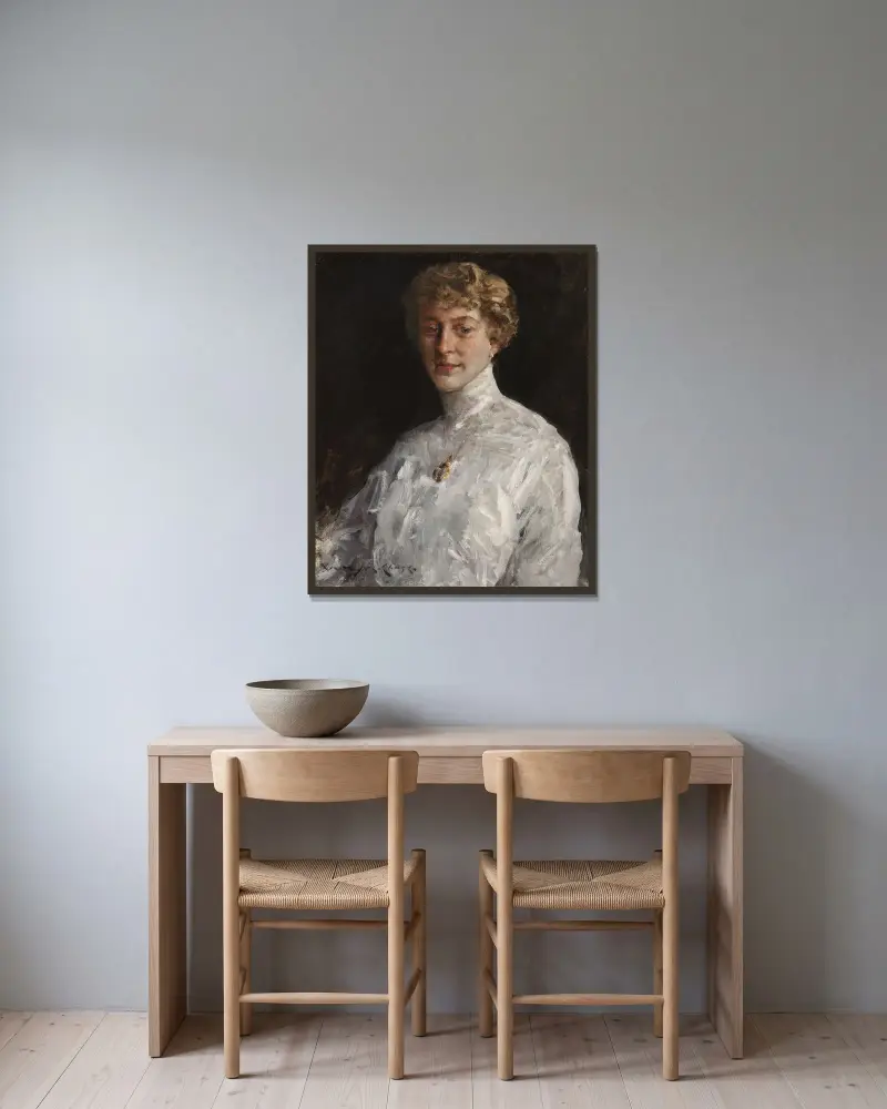 Dame in weißer Bluse von William Merritt Chase gerahmt an einer Wand