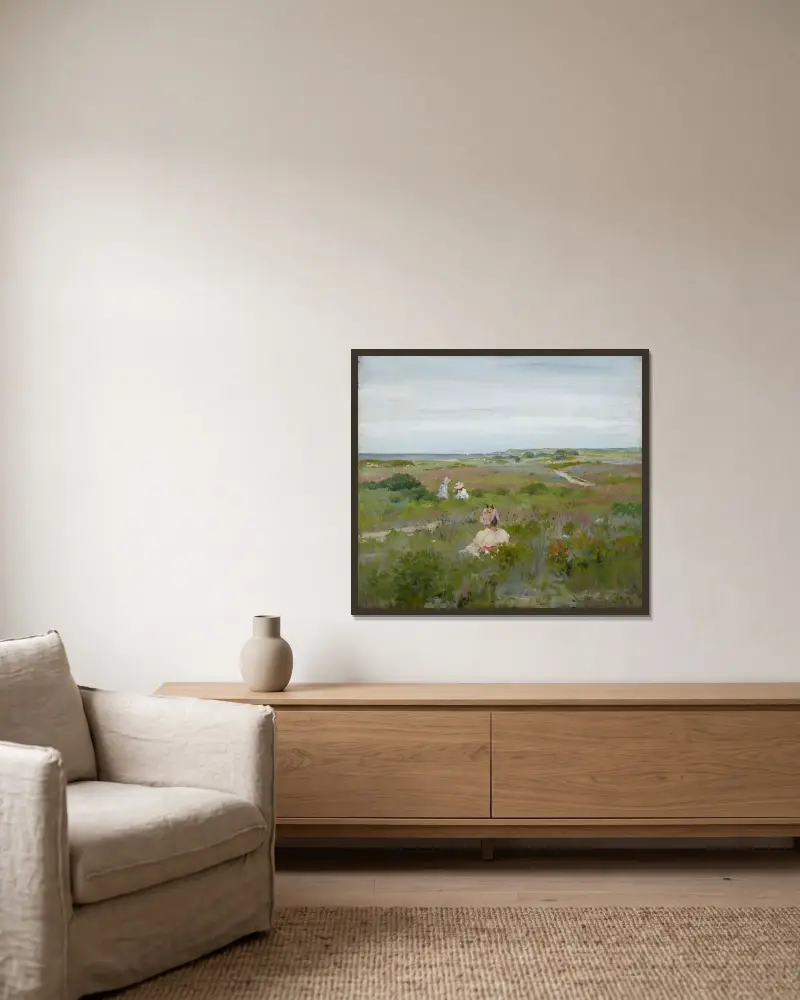 Landskap; Shinnecock, Long Island av William Merritt Chase inramad på en vägg