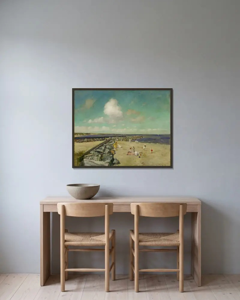 Morgon vid Breakwater, Shinnecock av William Merritt Chase inramad på en vägg