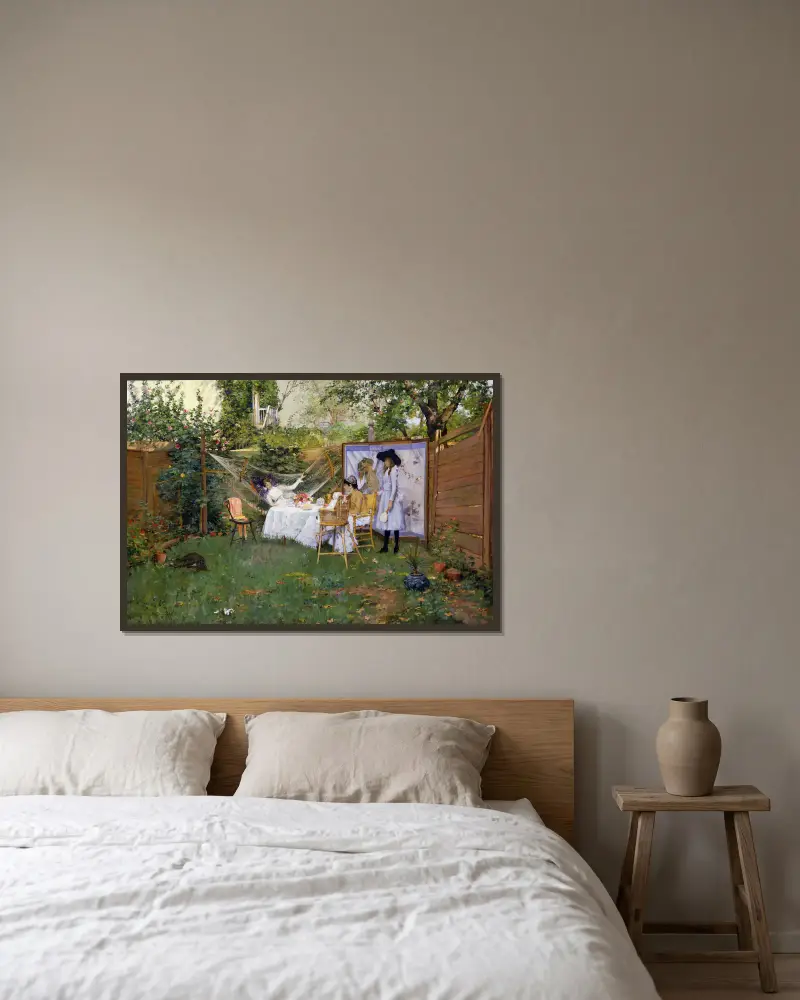 Frühstück im Freien von William Merritt Chase gerahmt an einer Wand