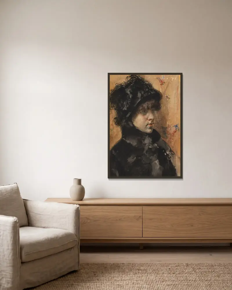 Porträtt av en ung kvinna av William Merritt Chase inramad på en vägg